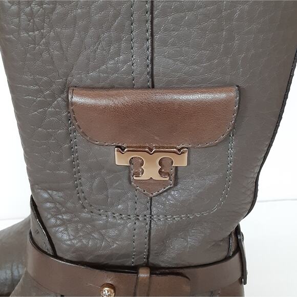 Tory Burch Leona Riding Boots Gray Pebble Leather Mid Calf Womens 5.5 Authentic - Picture 6 of 16
